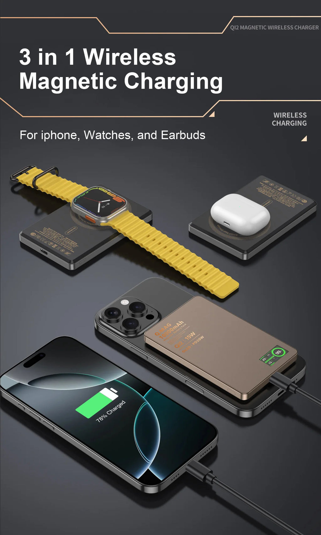 Batterie externe magnétique QI 2.1 avec charge rapide sans fil, portable, compatible iPhone 12 à 17 Pro, Apple Watch et AirPods, capacité 5000/10000 mAh.