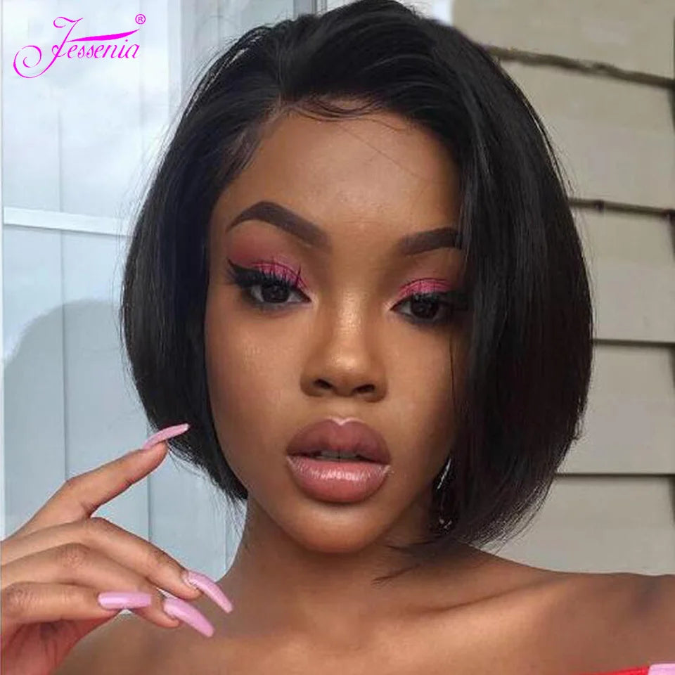 100 % Cheveux Humains 13X1 Court Pixie Cut Perruques Droites Bob HD Perruques Frontales En Dentelle Transparente Pour Femmes Noires 250Densité Perruque