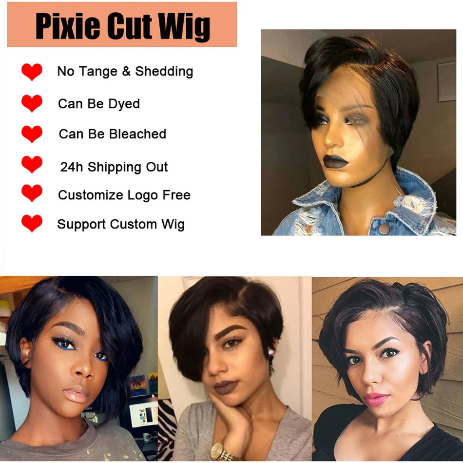 100 % Cheveux Humains 13X1 Court Pixie Cut Perruques Droites Bob HD Perruques Frontales En Dentelle Transparente Pour Femmes Noires 250Densité Perruque