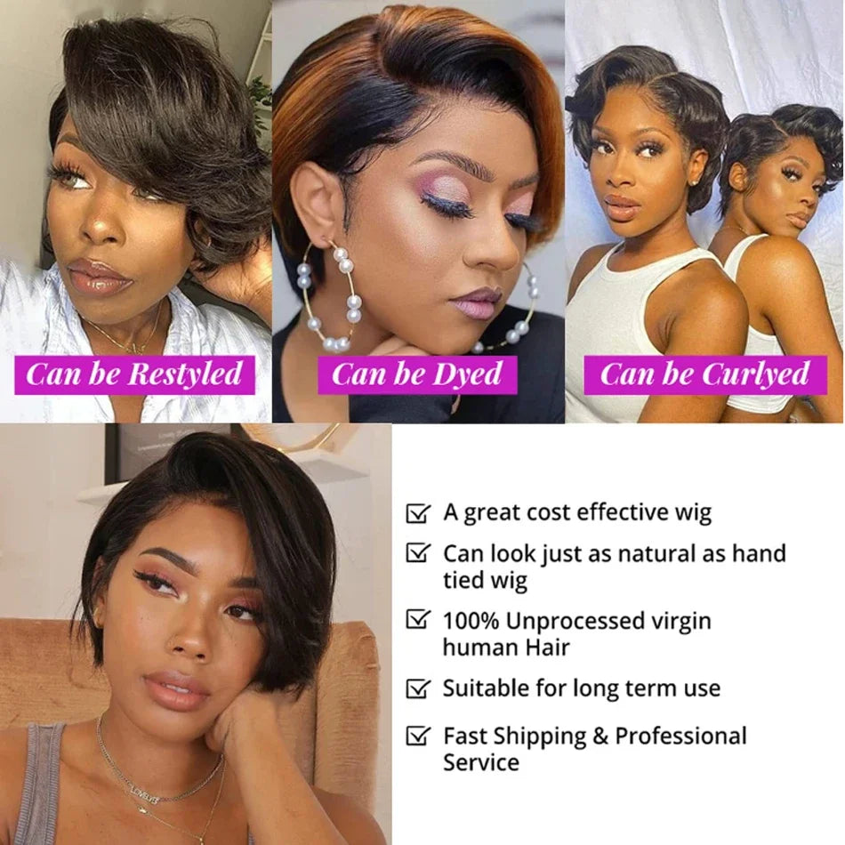 100 % Cheveux Humains 13X1 Court Pixie Cut Perruques Droites Bob HD Perruques Frontales En Dentelle Transparente Pour Femmes Noires 250Densité Perruque