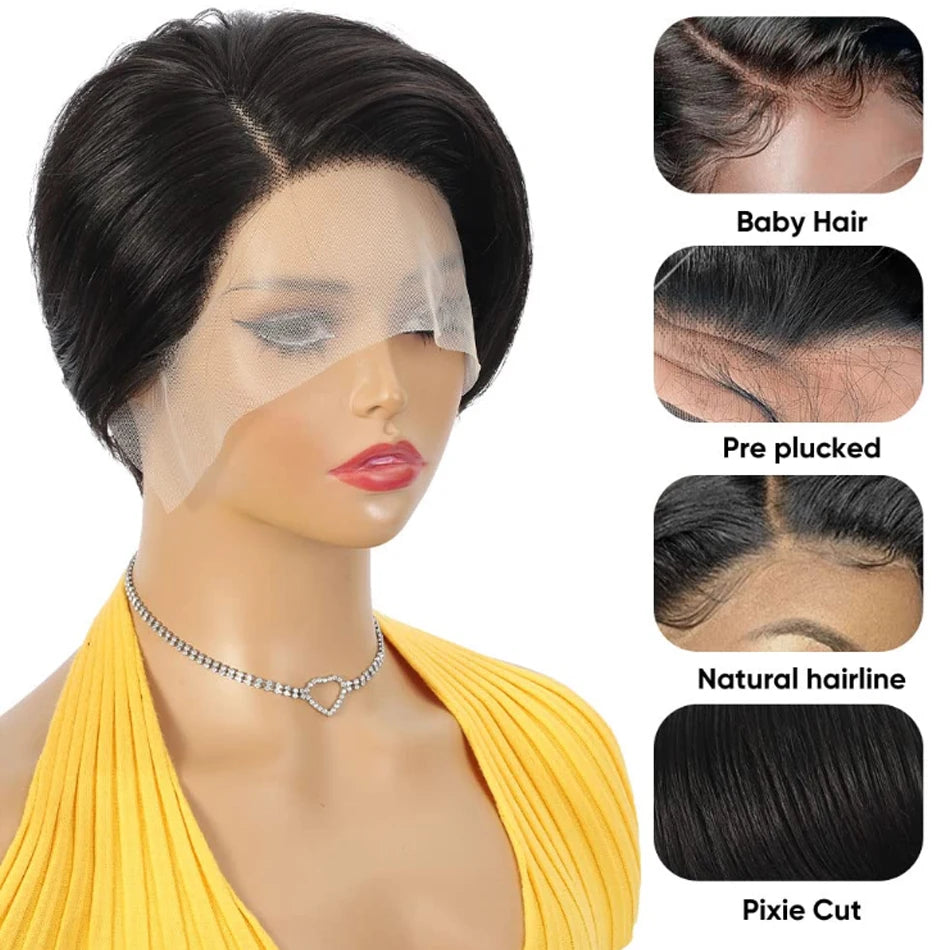 100 % Cheveux Humains 13X1 Court Pixie Cut Perruques Droites Bob HD Perruques Frontales En Dentelle Transparente Pour Femmes Noires 250Densité Perruque