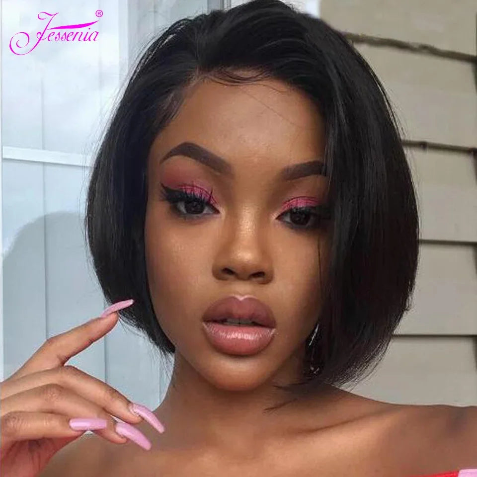 100 % Cheveux Humains 13X1 Court Pixie Cut Perruques Droites Bob HD Perruques Frontales En Dentelle Transparente Pour Femmes Noires 250Densité Perruque