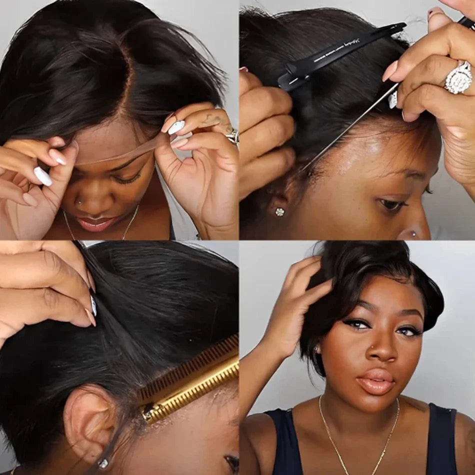 100 % Cheveux Humains 13X1 Court Pixie Cut Perruques Droites Bob HD Perruques Frontales En Dentelle Transparente Pour Femmes Noires 250Densité Perruque