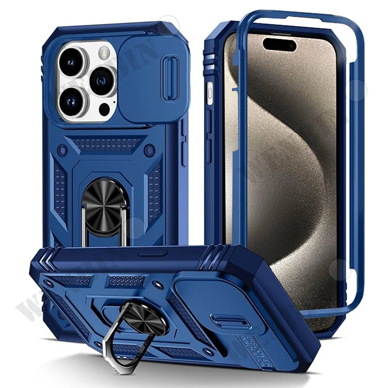 Coque Heavy Duty iPhone 17 / 17 Pro / 17 Pro Max / Air / 8 / 7 / SE – Anneau, béquille & protection objectif