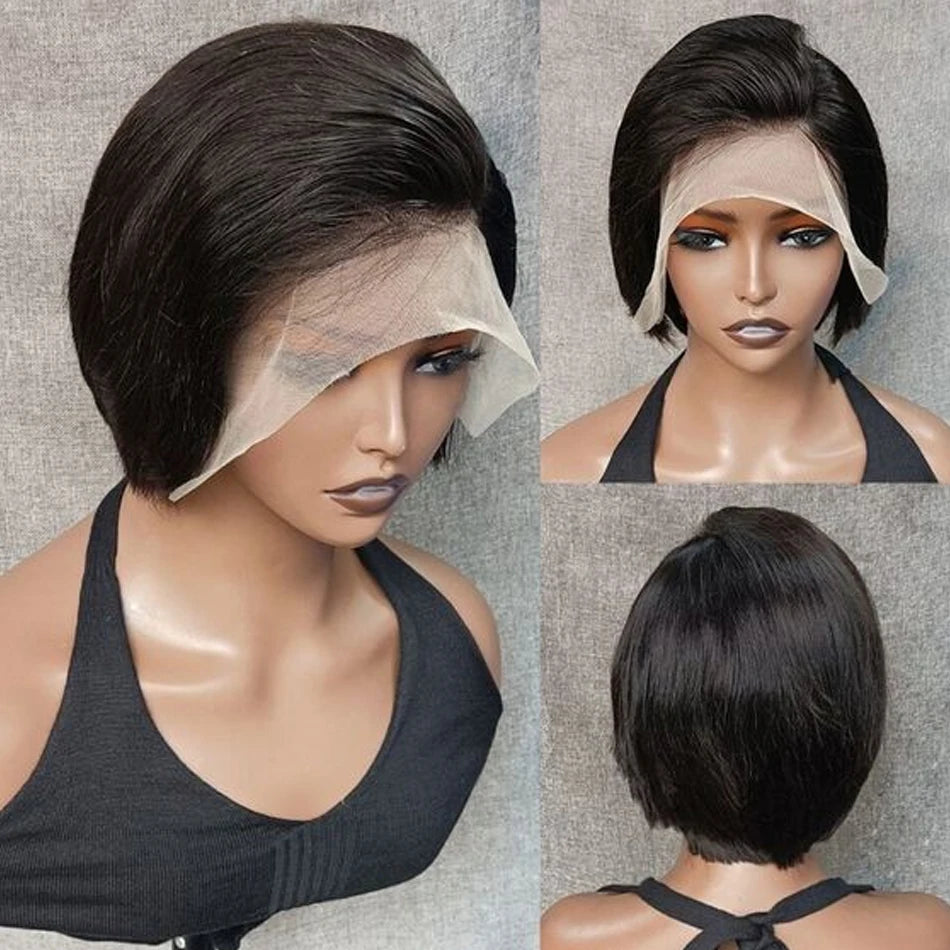 100 % Cheveux Humains 13X1 Court Pixie Cut Perruques Droites Bob HD Perruques Frontales En Dentelle Transparente Pour Femmes Noires 250Densité Perruque