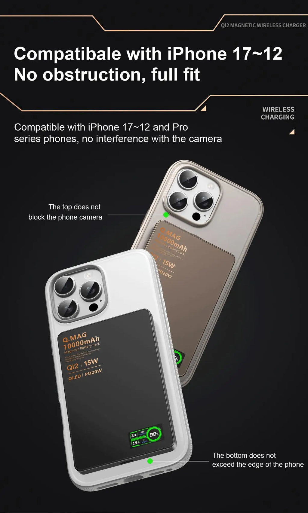 Batterie externe magnétique QI 2.1 avec charge rapide sans fil, portable, compatible iPhone 12 à 17 Pro, Apple Watch et AirPods, capacité 5000/10000 mAh.