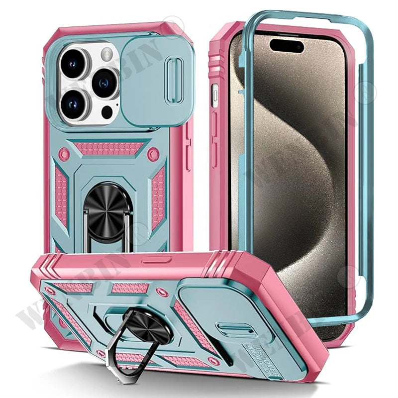 Coque Heavy Duty iPhone 17 / 17 Pro / 17 Pro Max / Air / 8 / 7 / SE – Anneau, béquille & protection objectif