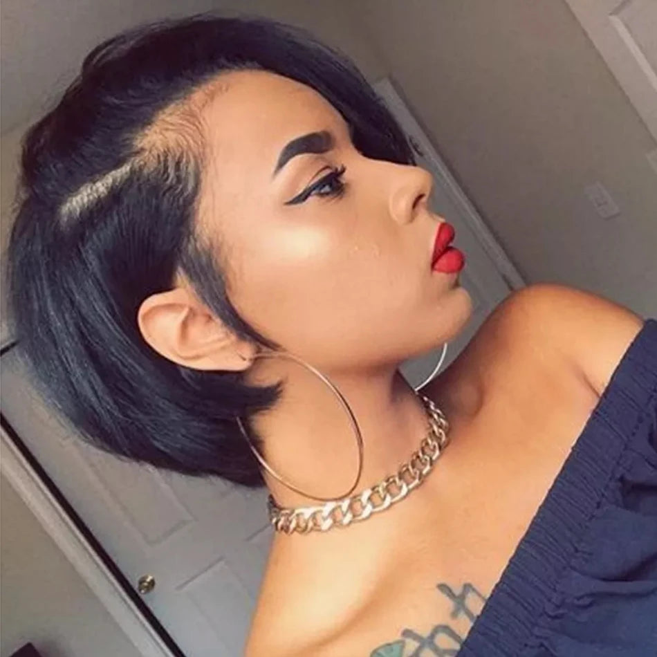 100 % Cheveux Humains 13X1 Court Pixie Cut Perruques Droites Bob HD Perruques Frontales En Dentelle Transparente Pour Femmes Noires 250Densité Perruque