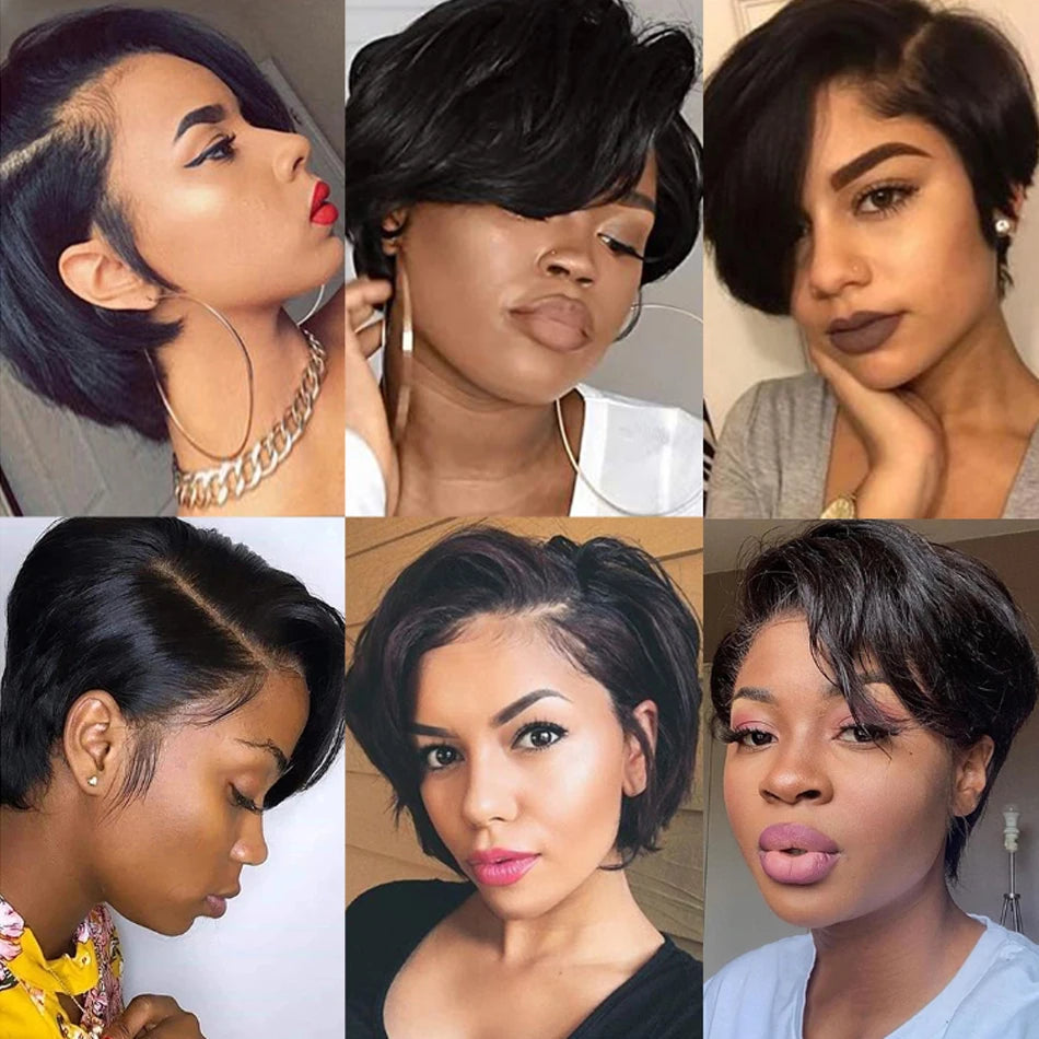 100 % Cheveux Humains 13X1 Court Pixie Cut Perruques Droites Bob HD Perruques Frontales En Dentelle Transparente Pour Femmes Noires 250Densité Perruque