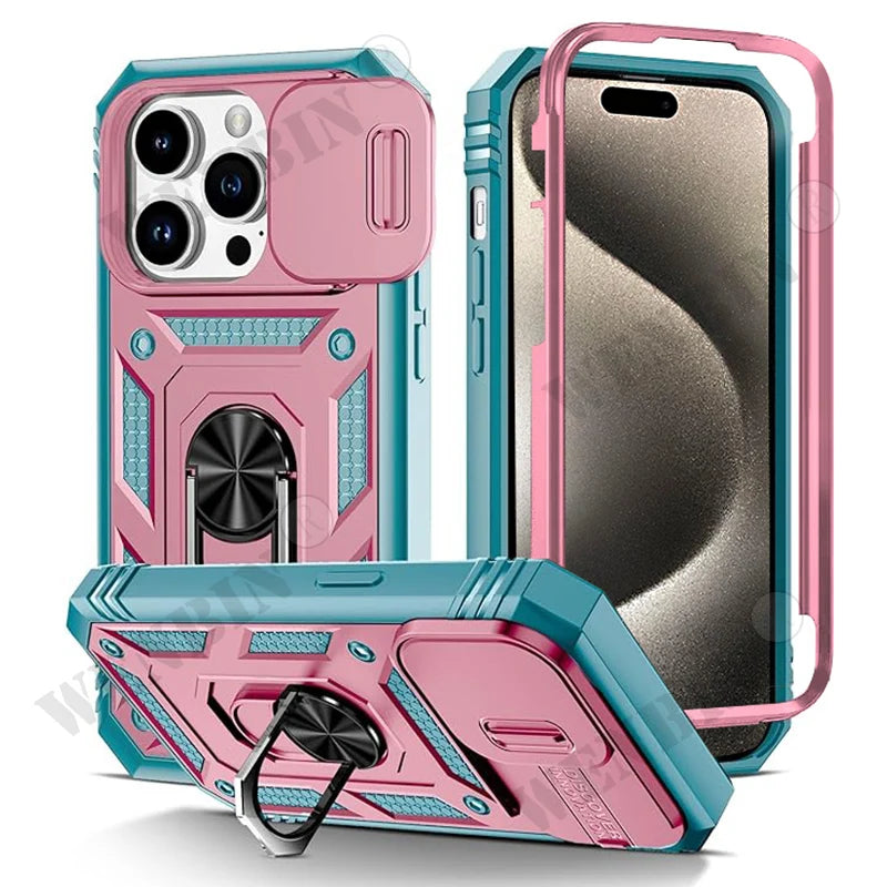 Coque Heavy Duty iPhone 17 / 17 Pro / 17 Pro Max / Air / 8 / 7 / SE – Anneau, béquille & protection objectif