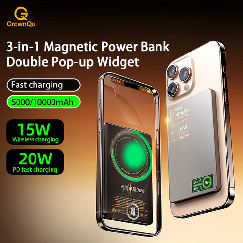 Batterie externe magnétique QI 2.1 avec charge rapide sans fil, portable, compatible iPhone 12 à 17 Pro, Apple Watch et AirPods, capacité 5000/10000 mAh.