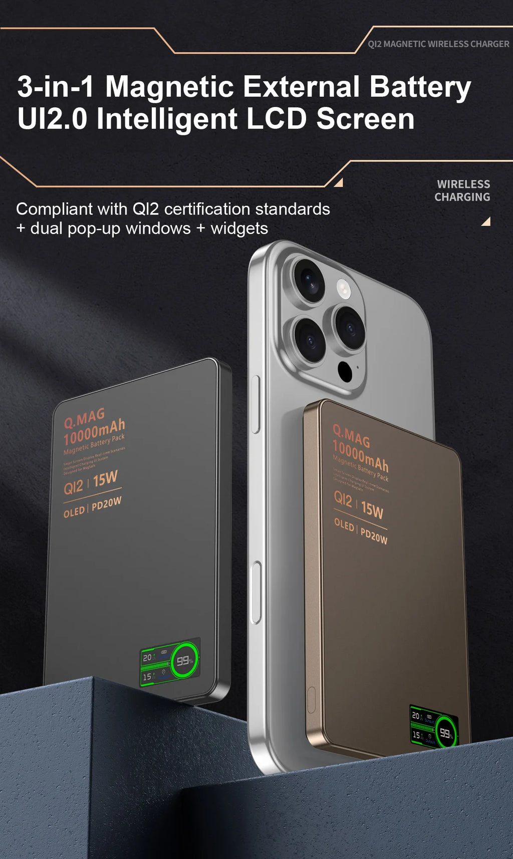 Batterie externe magnétique QI 2.1 avec charge rapide sans fil, portable, compatible iPhone 12 à 17 Pro, Apple Watch et AirPods, capacité 5000/10000 mAh.