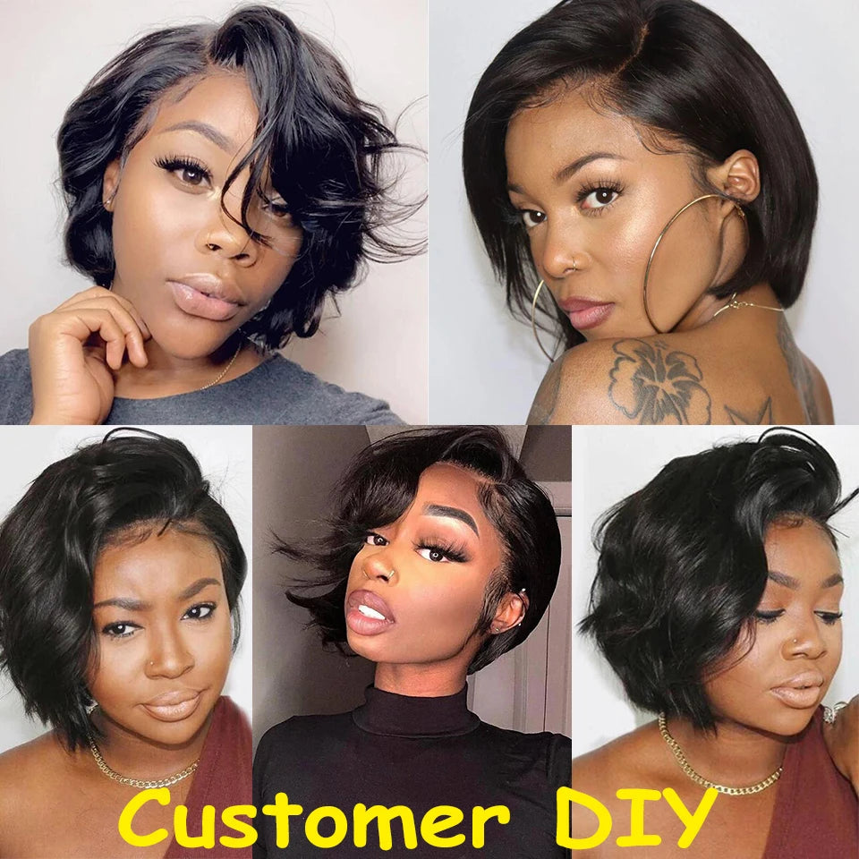 100 % Cheveux Humains 13X1 Court Pixie Cut Perruques Droites Bob HD Perruques Frontales En Dentelle Transparente Pour Femmes Noires 250Densité Perruque