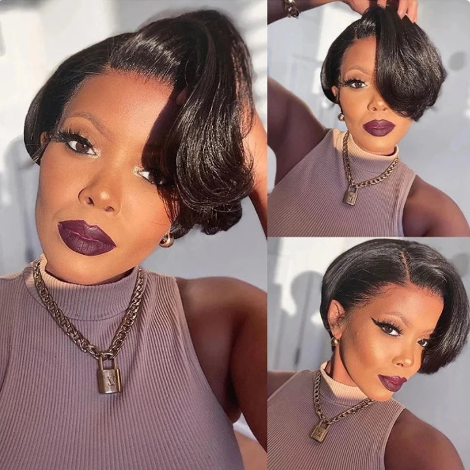 100 % Cheveux Humains 13X1 Court Pixie Cut Perruques Droites Bob HD Perruques Frontales En Dentelle Transparente Pour Femmes Noires 250Densité Perruque
