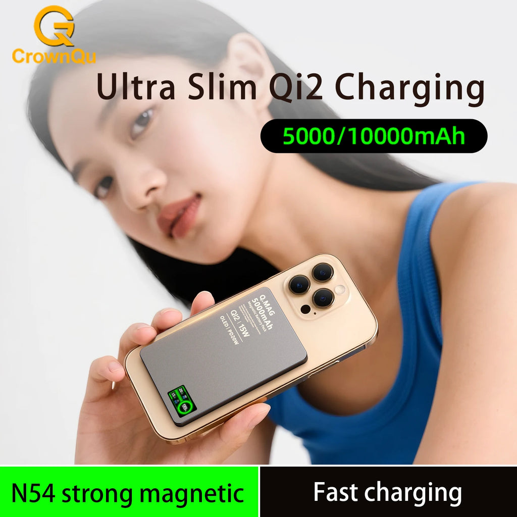 Batterie externe magnétique QI 2.1 avec charge rapide sans fil, portable, compatible iPhone 12 à 17 Pro, Apple Watch et AirPods, capacité 5000/10000 mAh.