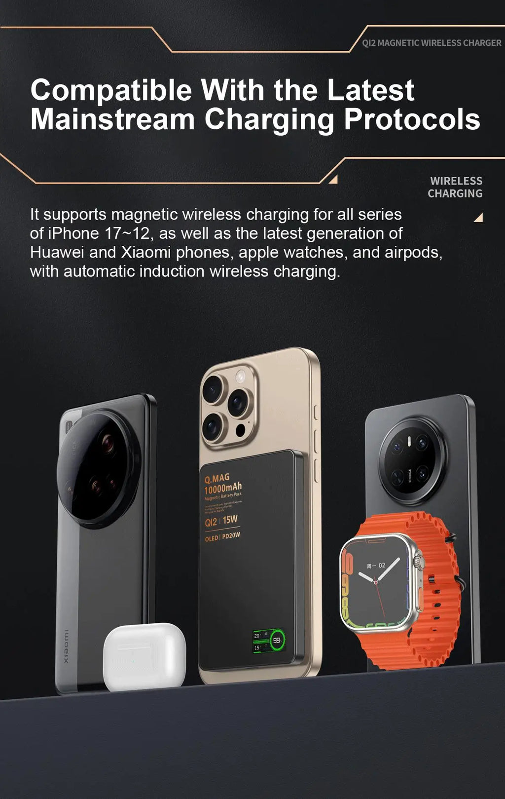 Batterie externe magnétique QI 2.1 avec charge rapide sans fil, portable, compatible iPhone 12 à 17 Pro, Apple Watch et AirPods, capacité 5000/10000 mAh.