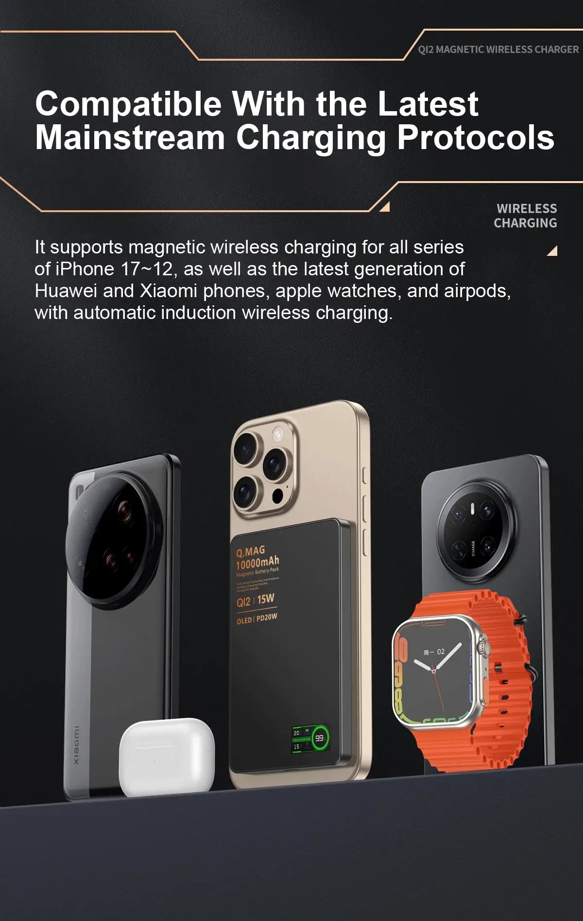 Batterie externe magnétique QI 2.1 avec charge rapide sans fil, portable, compatible iPhone 12 à 17 Pro, Apple Watch et AirPods, capacité 5000/10000 mAh.