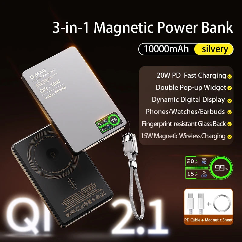 Batterie externe magnétique QI 2.1 avec charge rapide sans fil, portable, compatible iPhone 12 à 17 Pro, Apple Watch et AirPods, capacité 5000/10000 mAh.