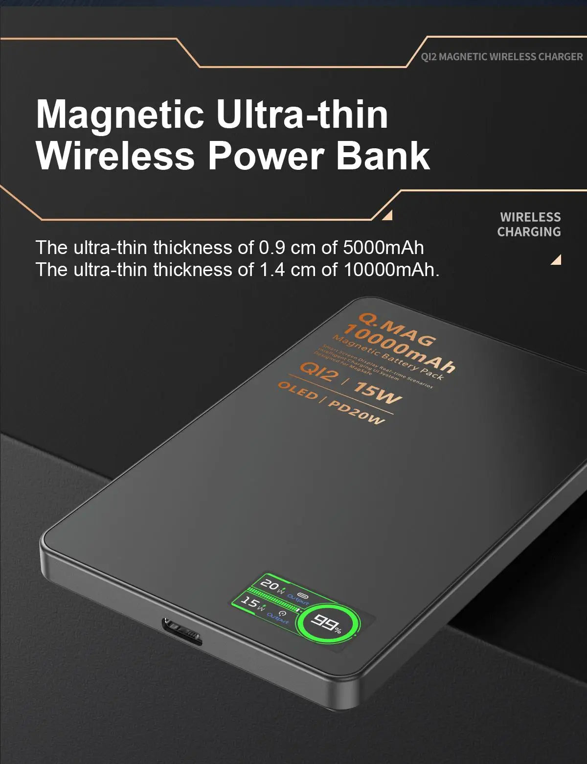 Batterie externe magnétique QI 2.1 avec charge rapide sans fil, portable, compatible iPhone 12 à 17 Pro, Apple Watch et AirPods, capacité 5000/10000 mAh.